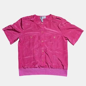 Vintage SK & Company Silk Blouson Top L Ribbed Hem Hot Pink Streetwear Retro 80s
